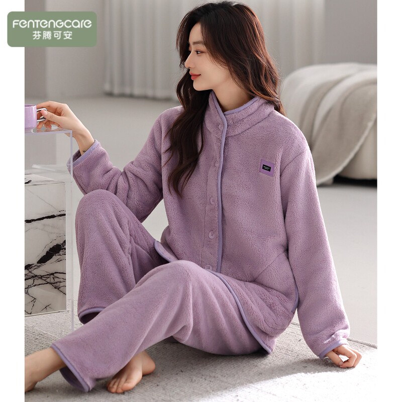 Fenteng Ke'An Winter Pajamas for Women, Fleece-Lined and Thickened, Flannel 2026 New High-Neck Loungewear Coral Fleece Set