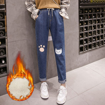 Jade Junior High School High School students jeans Spring and Autumn Winter plus velvet thick loose trousers big children Academy style womens pants