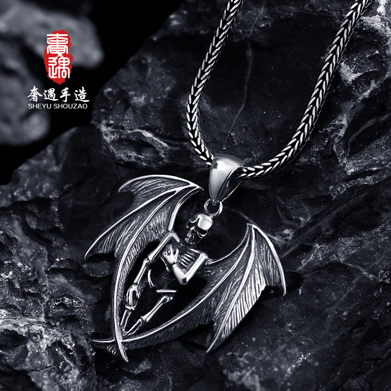 Extravagant S925 pure silver necklace male couple a pair of pendant tide retro devil Angel punk personality Fashion Chaumen