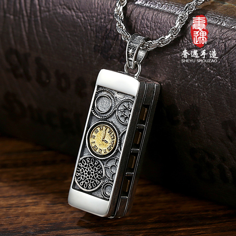 Extravagant S925 pure silver time harmonica pendant male and female can blow original personality Retro necklace pendant damp male silver