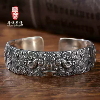 LRER luxury encounter Kui Niu bracelet men's S25 sterling silver gluttonous beast face pattern ceratosaurus silver bracelet Chinese style retro domineering