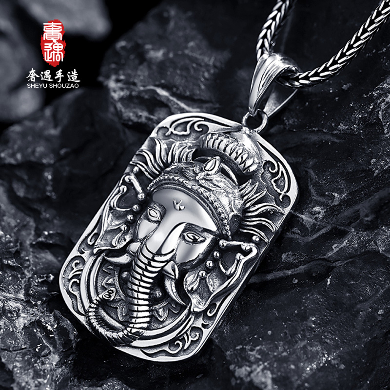 LRER Extravagant S925 pure silver necklace Elephant nose chaeses male and female retro elephant heads Elephant Brief Rough Pendant