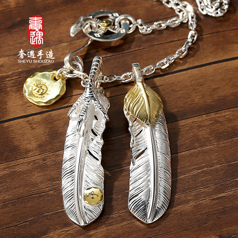 Luxury encounter Takahashi Goro SHEYUGOROS feather necklace male s925 silver necklace Female sweater chain tide star with the same