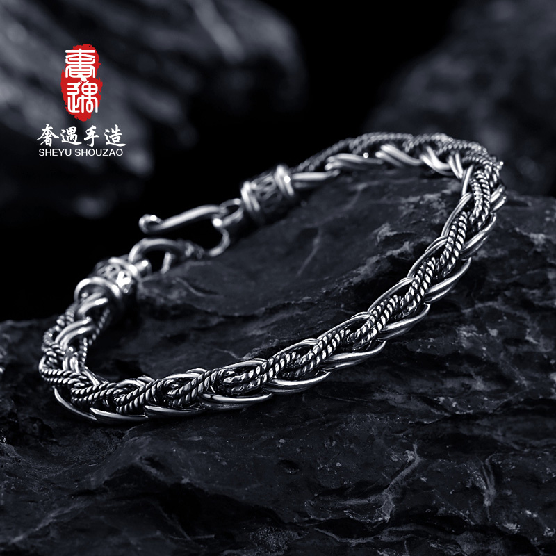 Luxurious 925 pure silver handmade Handmade Men woven keel Ping An Riptide Creative Retro Fashion Punk Ornament