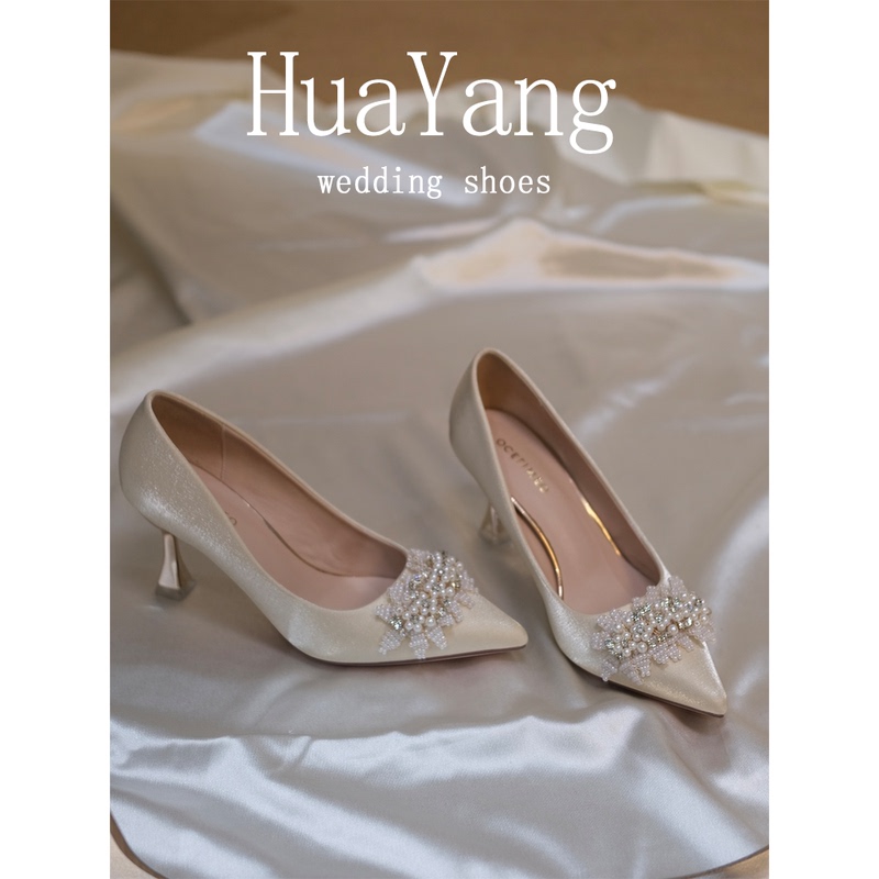Floral Wedding Shoes High Heels for Women 2026 New Style Pointed Toe Pearl Bride Wedding Dress Engagement Shoes That Can Be Worn Daily Without Tiring the Feet