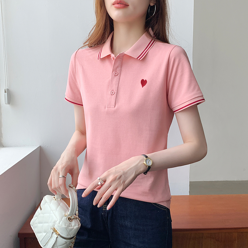 Pure Cotton Heart-Shaped Pink Sports Polo Shirt for Women, Summer Turn-Down Collar, Age-Reducing, Loose T-Shirt, Short-Sleeved Top Clothing Pure Cotton Heart-Shaped Pink Sports Polo Shirt for Women, Summer Turn-Down Collar, Age-Reducing, Loose T-Shirt, Short-Sleeved Top Clothing