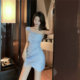 2022 summer new Korean version of sexy pure desire temperament slanted shoulders one word collar tube top sparkling slim dress women's clothing