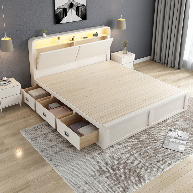 White Solid Wood Gas-Lift Storage Bed, Modern and Simple, 1.95m Double Floor Bed with Storage Box