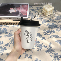 ins Korean bear cartoon girl heart cute cute with cover high face value mark with straw milk tea cup