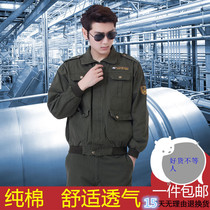 Spring and autumn long sleeve electric welding work clothes set mens cotton wear-resistant thick anti-hot loose twill military green tooling