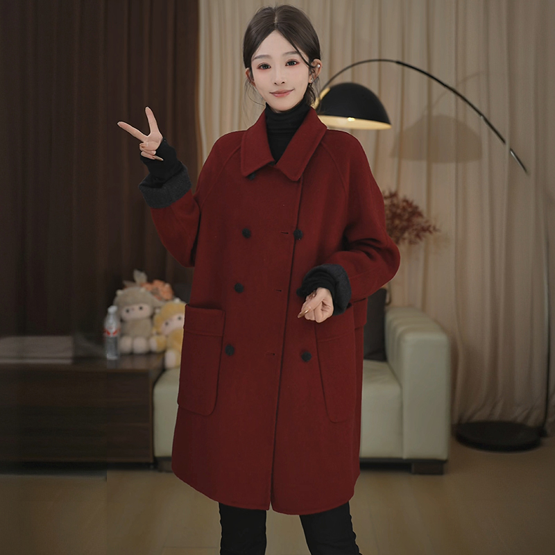 High-End and Elegant Double-Sided Cashmere Coat for Women, 2026 Autumn and Winter New Style, Super Stylish Thick Red Woolen Coat