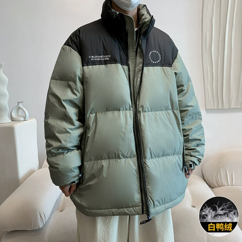 美式拼色立领羽绒服男款冬季加厚oversize潮牌保暖青少年外套大码
