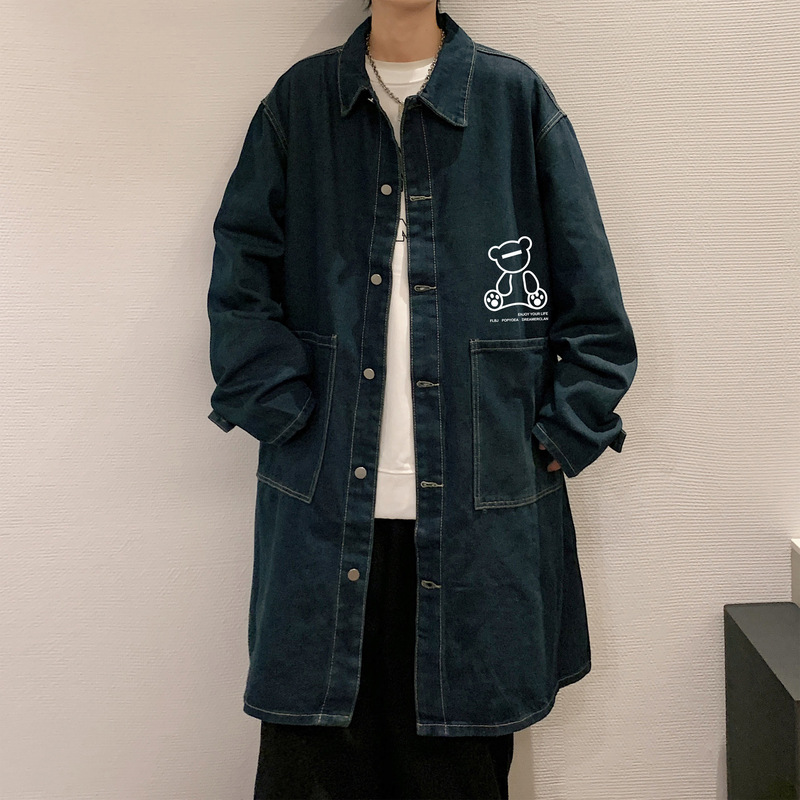 American Retro Bear Denim Trench Coat for Men, Mid-Length Trendy Brand Spring and Autumn Style, Cool Lapel Coat, Large Size