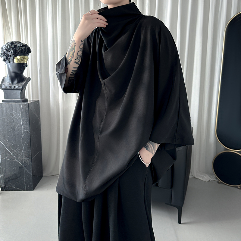 Dark Style Stacked Collar Ice Silk Short-Sleeve Shirt for Men, Summer Niche Design, Cool and Stylish, High-End Feel, Three-Quarter Sleeve Shirt Dark Style Stacked Collar Ice Silk Short-Sleeve Shirt for Men, Summer Niche Design, Cool and Stylish, High-End Feel, Three-Quarter Sleeve Shirt