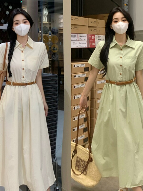Plus Size Women's Clothing, Elegant Waist-Cinching Slimming Shirt Dress, Summer Vintage Short-Sleeve Polo Collar Dress for Chubby Women