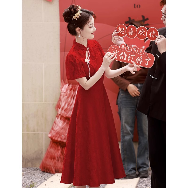 New Chinese-Style Red Dress for Women, Summer Plus Size, French-Style High-End Engagement Dress, Toast Dress, Long Dress