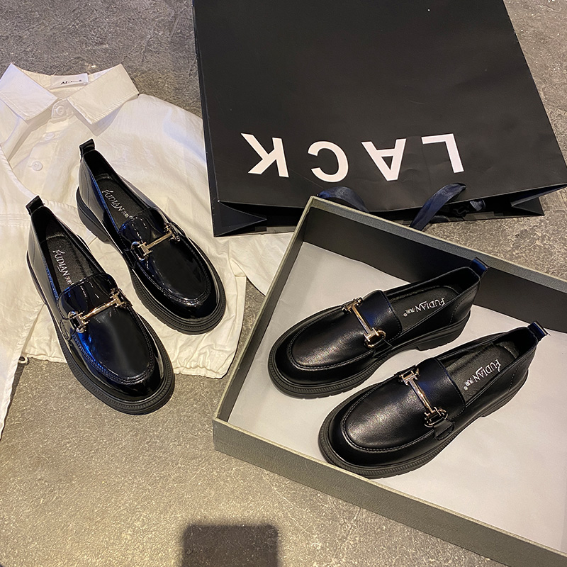 Black thick soles leather shoes female England, shoes soft piercing shoes soft sole soft sole single shoes