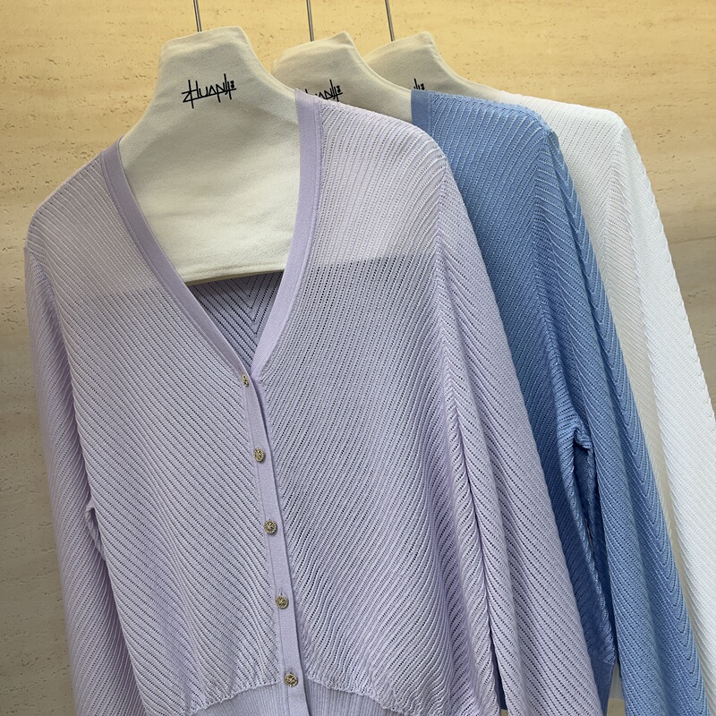 Lenzing Tencel V-Neck Hollow Knit Cardigan for Women, Light Luxury Slim-Fit Thin Long-Sleeve Cardigan 17116