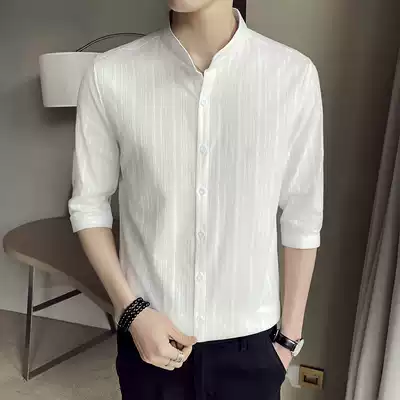 White shirt men's trendy short-sleeved three-point sleeve Korean version of the 7-point summer thin section men's business casual stand-up collar five-point sleeve shirt