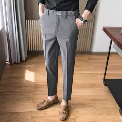 Embroidered small trousers men's trousers Korean version of the trend slim-fitting small feet gray men's business formal casual suit pants