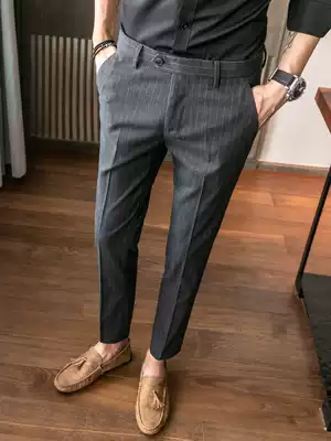 Pants men's trend vertical stripes casual trousers Korean version of slim feet trousers young men's suit pants nine points