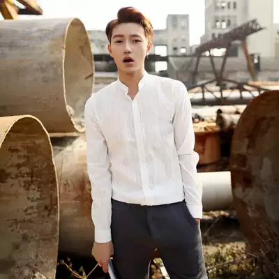 New white neck shirt men long sleeve autumn Korean slim trend men's shirt handsome hair stylist inch shirt