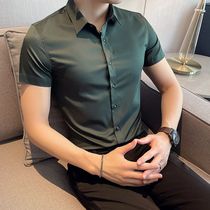 Summer thin model Ruffian handsome shirt mens trend slim short sleeve casual business dress ice silk shirt white seven-point sleeve