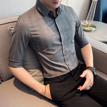 Korean fashion Mens vertical striped casual shirt summer thin non-iron shirt slim lapel top