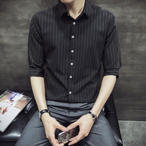 Mens short sleeve shirt seven points summer trend handsome Half sleeve Korean slim vertical stripe medium sleeve casual shirt