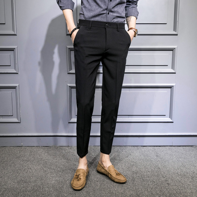 Men's black casual pants nine-point pants business Korean version of the trend slim small feet stretch work 9-point free ironing trousers