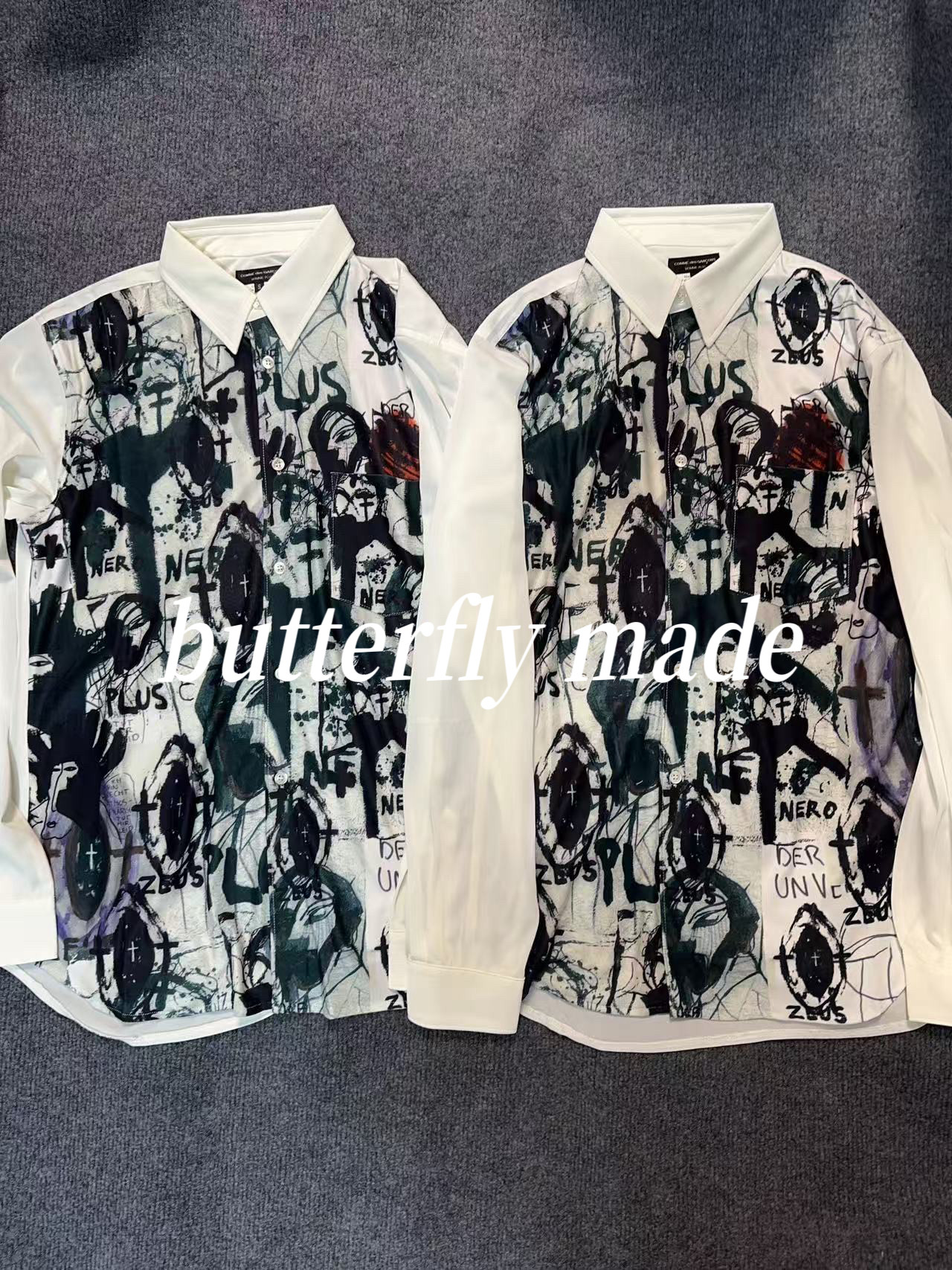 Мода Set comme des garcons cdg 19aw 主线白色手绘涂鸦满印印花长袖衬衫 Tagkita