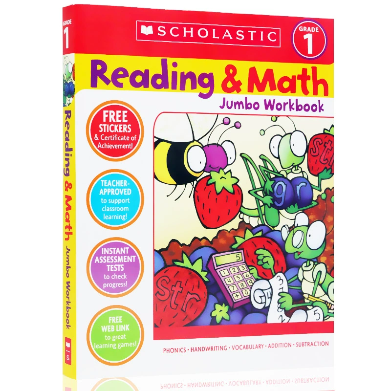 Bản gốc tiếng Anh Reading & Math Jumbo Workbook lớp 1 trẻ em thực hành đọc và số học sách bài tập học tập giác ngộ được sản xuất bởi Scholastic