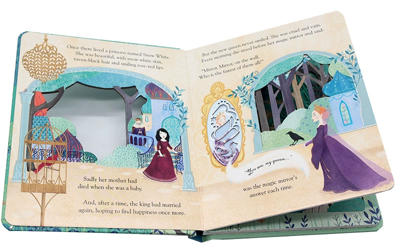 English truyện tranh gốc bí mật theo dõi Bạch Tuyết fairy tale loạt Usborne Peep Bên trong một Fairy Tale Bạch Tuyết nhìn qua cuốn sách bìa cứng hầm minh họa câu chuyện