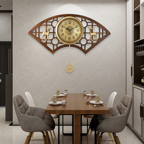 New Chinese style wall clock living room home fashion pure copper fan clock light luxurious elegant clock Chinese style solid wood hanging watch