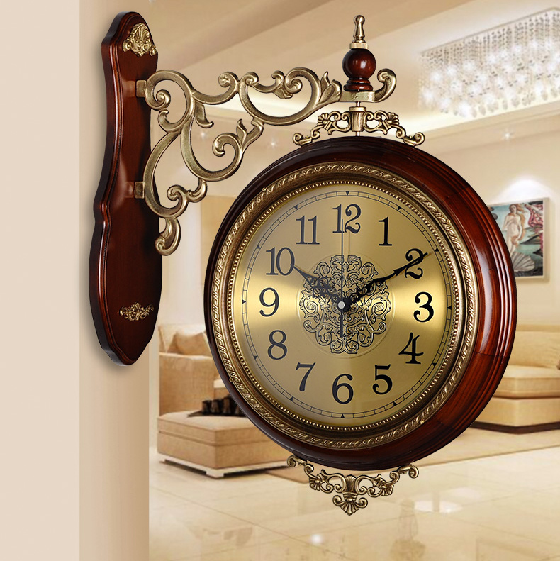 American pure copper solid wood double-sided hanging clock living room large number and watch luxury Eurostyle clock creative wall-mounted silent hanging watch