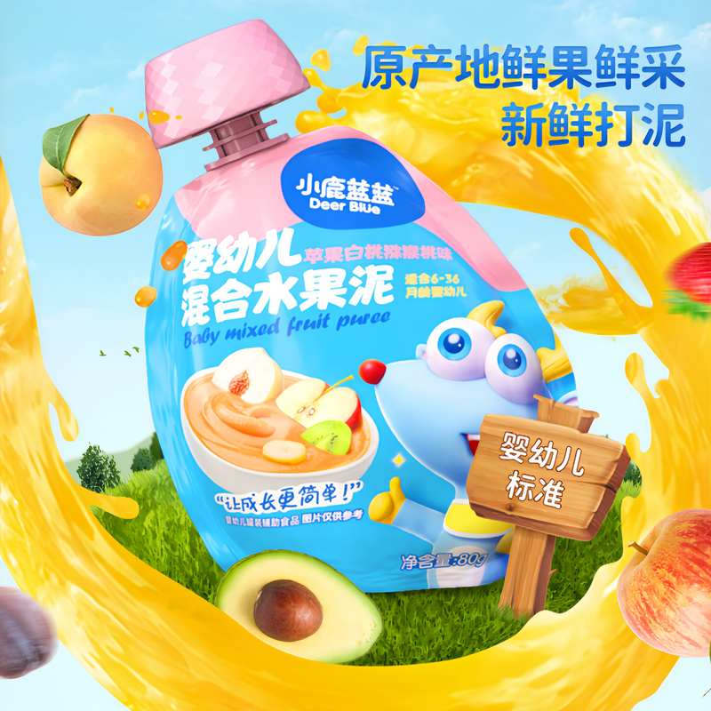 Little Deer Blue Blue Baby Fruit Puree Apple Strawberry Fruit Puree No Added Water Children's Snack Toddler Complementary Food Puree 12 Bags