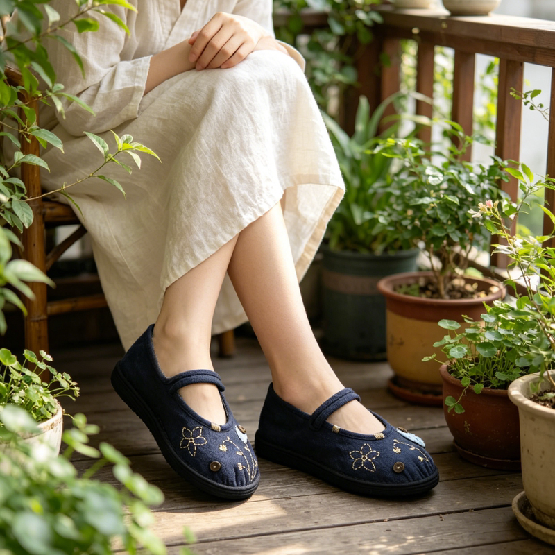 【Classic from Gu Guan】New Summer/Autumn Vine Button Thousand-Layer Sole Chinese Style Handmade Cloth Shoes for Women, Comfortable Single Shoes