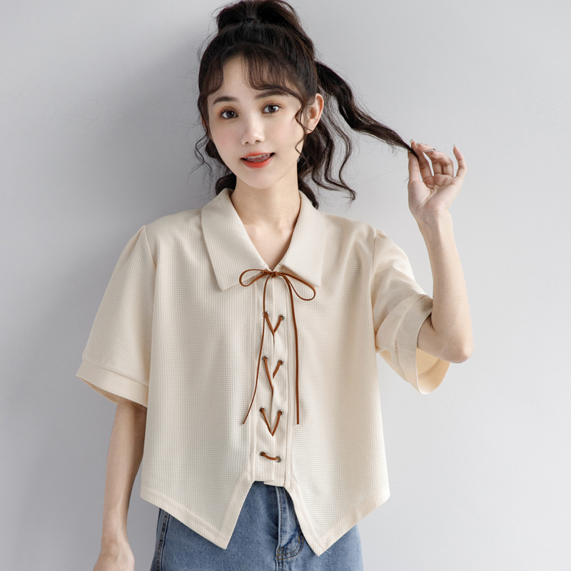 Apricot Short-Sleeved Shirt for Women 2026 Summer New Loose-Fitting Tie Design Shirt Polo Collar Short Top
