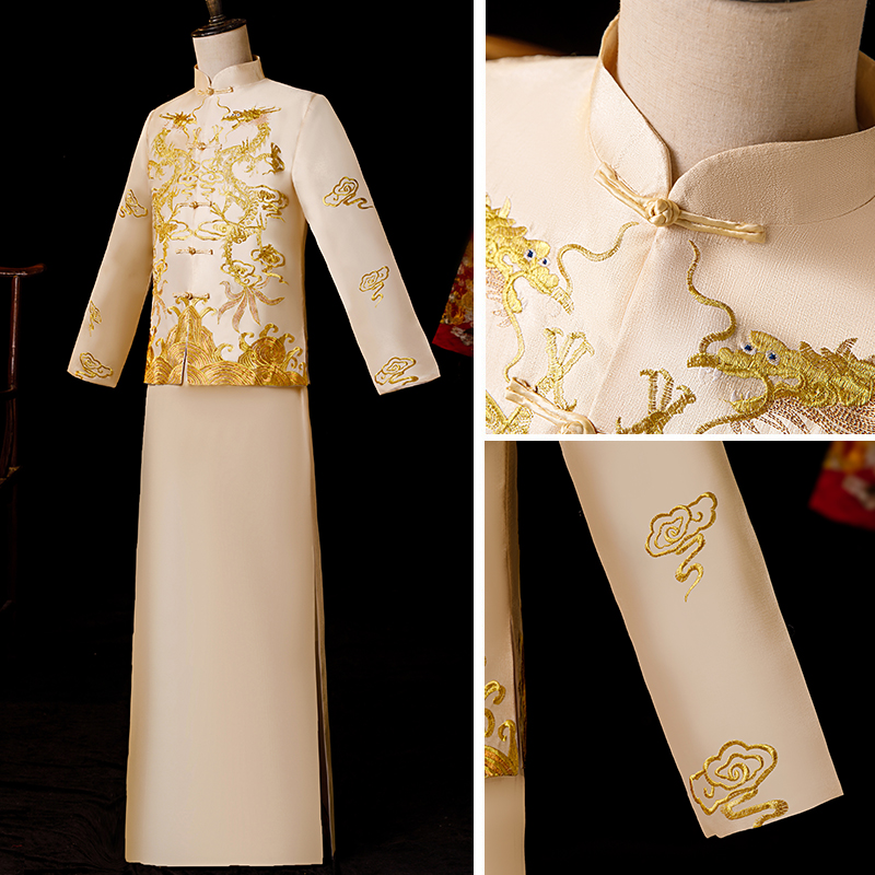 Men's suhe traditional wedding dress, 2022 collection, champagne color, dragon and phoenix Men's suhe traditional wedding dress, 2022 collection, champagne color, dragon and phoenix