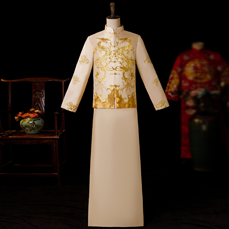 Men's suhe traditional wedding dress, 2022 collection, champagne color, dragon and phoenix Men's suhe traditional wedding dress, 2022 collection, champagne color, dragon and phoenix