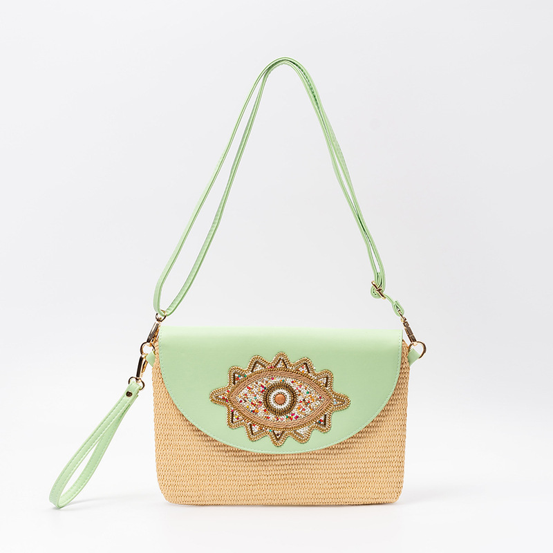 Beaded Patchwork Woven Bag, Beach Vacation Shoulder Bag, Color-Blocked Handbag, Bohemian Style Straw Crossbody Bag