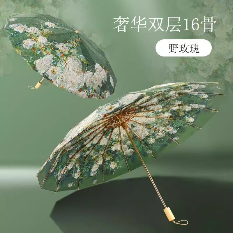 16-Bone Oil Painting Double-Layer Sun Umbrella for Women, Black Coating, Super Strong Sun Protection, Uv Protection, Windproof, Dual-Use for Sun and Rain