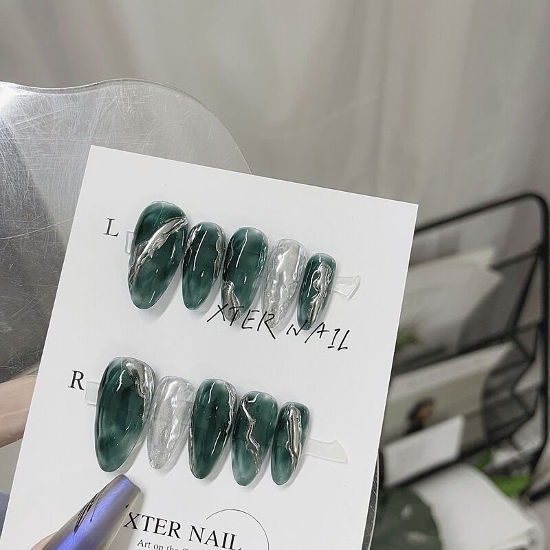 Removable Wearable Nail Art Finished Product, Retro Aqua Green Gradient Mirror Fake Nail Patches, Xiaohongshu Whitening Nail Tips