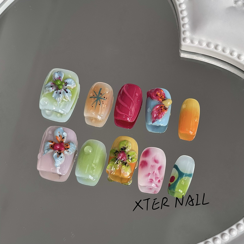 Spring and Summer Niche Pastel Color Three-Dimensional Carved Wearable Nail Art Finished Handmade Fake Nail Patches Short Nail Pieces Spring and Summer Niche Pastel Color Three-Dimensional Carved Wearable Nail Art Finished Handmade Fake Nail Patches Short Nail Pieces