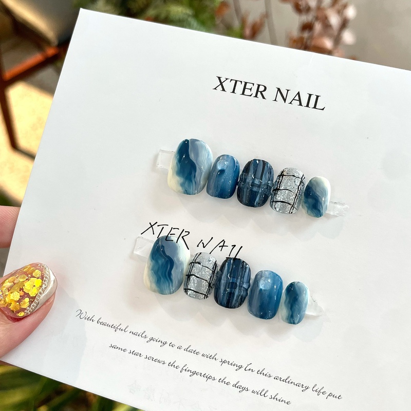 ins Deep Blue Ocean Wearable Nail Art Finished Product Cool Color Series Handmade Whitening Fake Nail Tips Short Style Finger Nail Tips