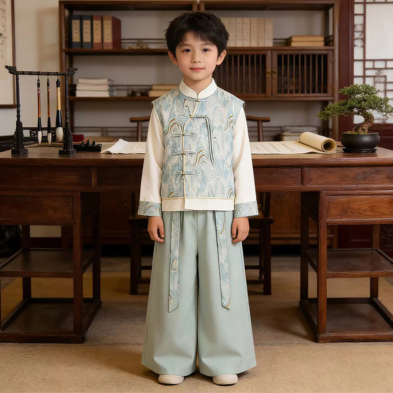Boys' Chinese-Style Hanfu Suit for Spring and Autumn 2026, New Chinese Traditional Style Children's Performance Clothing with Buttoned Tang Suit