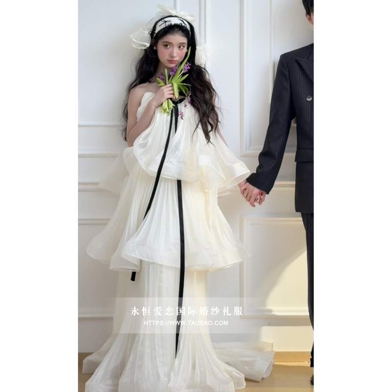 Morning Gown Dress, Super Fairy-Like White Princess-Style Tiered Dress, Light Luxury Niche Bridal Engagement Birthday Party Light Wedding Dress