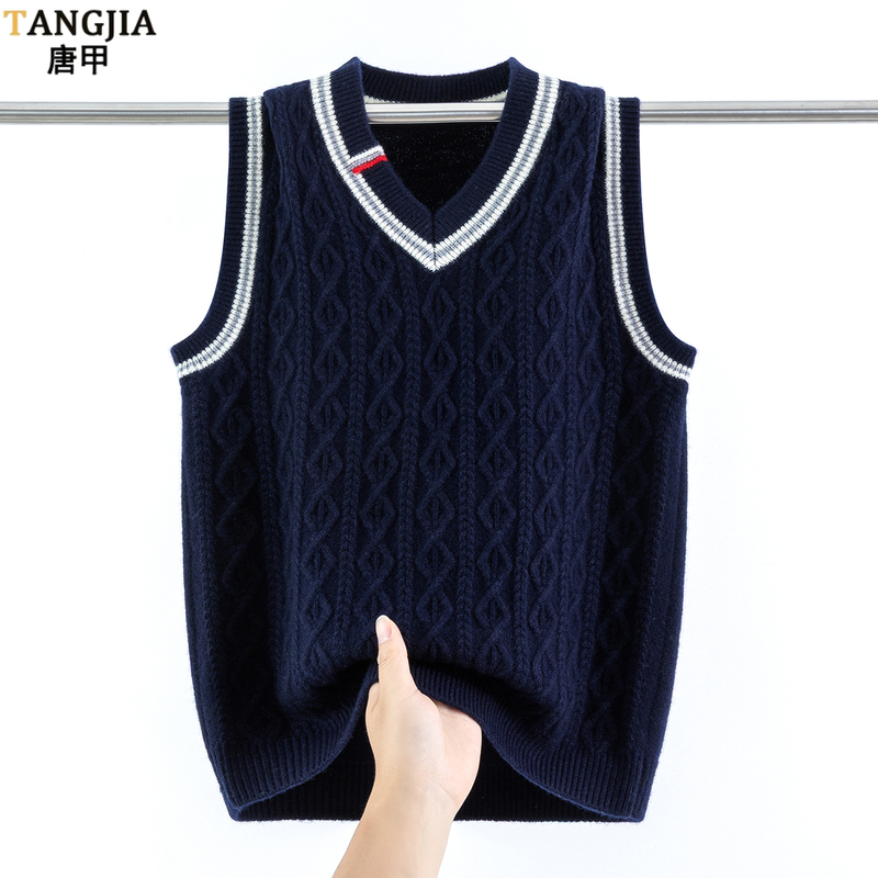 Pure Wool Vest for Teenagers, Knitted Vest for Junior and Senior High School Boys, Student School Uniform Layering, V-Neck Sweater Vest