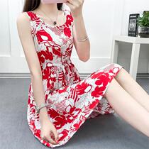 Cotton silk dress mid-length floral skirt summer student small fresh and cute seaside holiday beach skirt