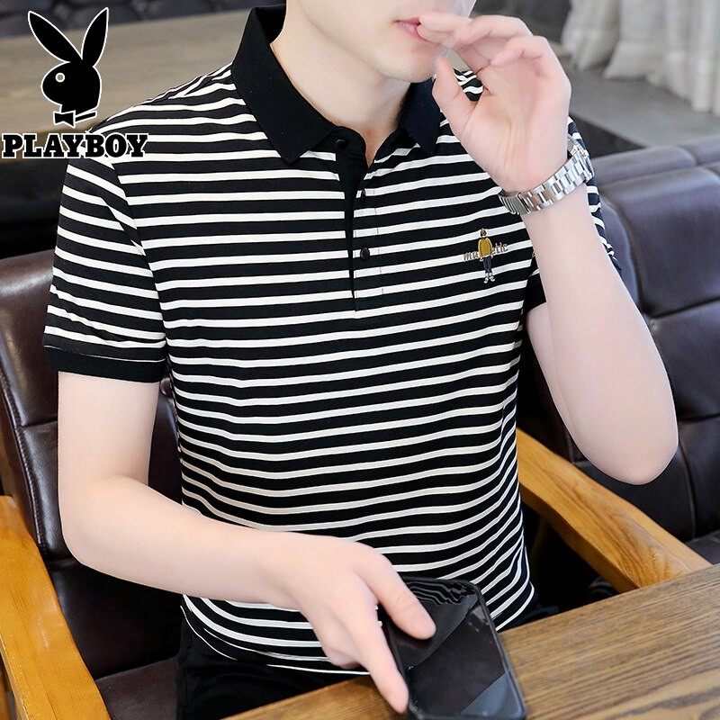 花花公子条纹衬衫短袖男士2026新款夏季polo衫纯棉修身冰丝t恤潮